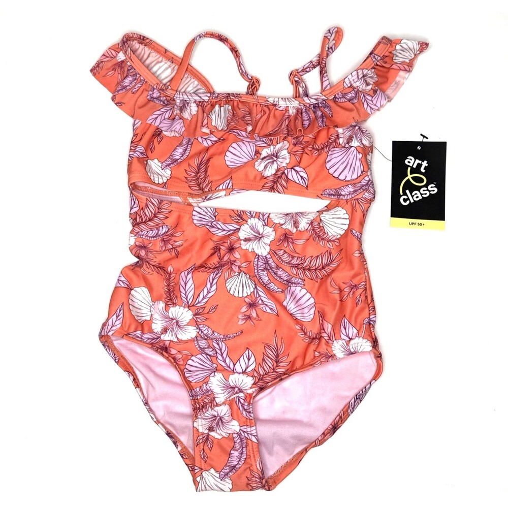 Art Class Girls Orange Floral Print Off Shoulder Swimsuit Size XS (4-5) New!